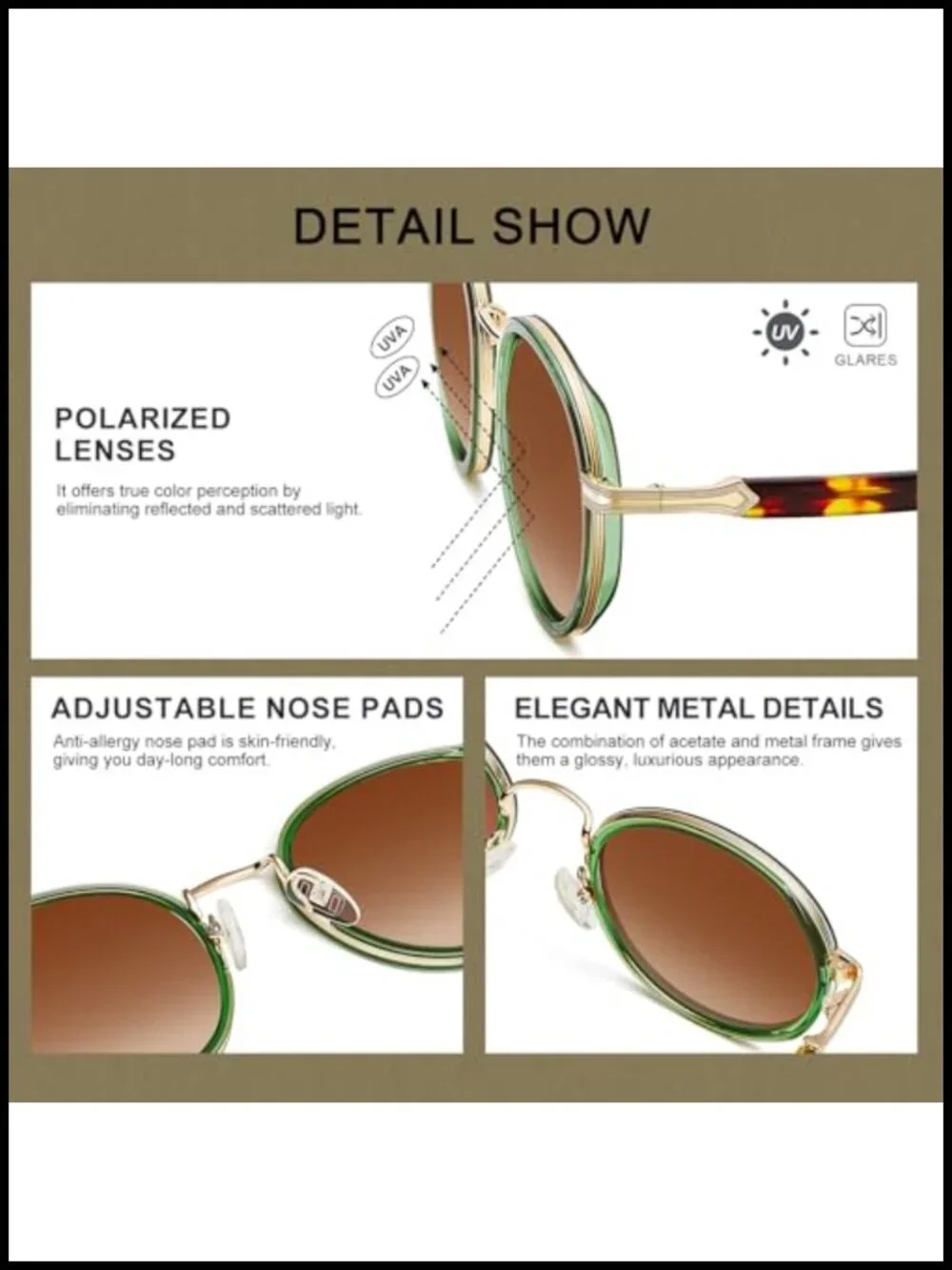 Retro Round Sunglasses for Women Polarized UV Protection Acetate-Metal Frame